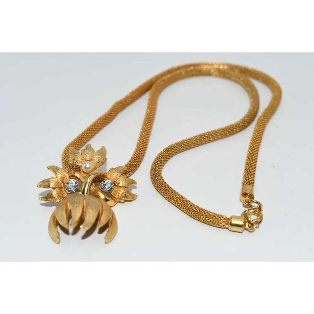Vintage Gold Tone Floral Mesh Pendant Necklace Faux Pearl Rhinestones